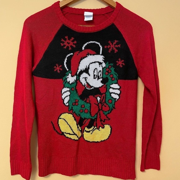 Vintage Disney Mickey Mouse Christmas Sweater XS Red Velour 90s Y2K Holiday - Picture 1 of 4